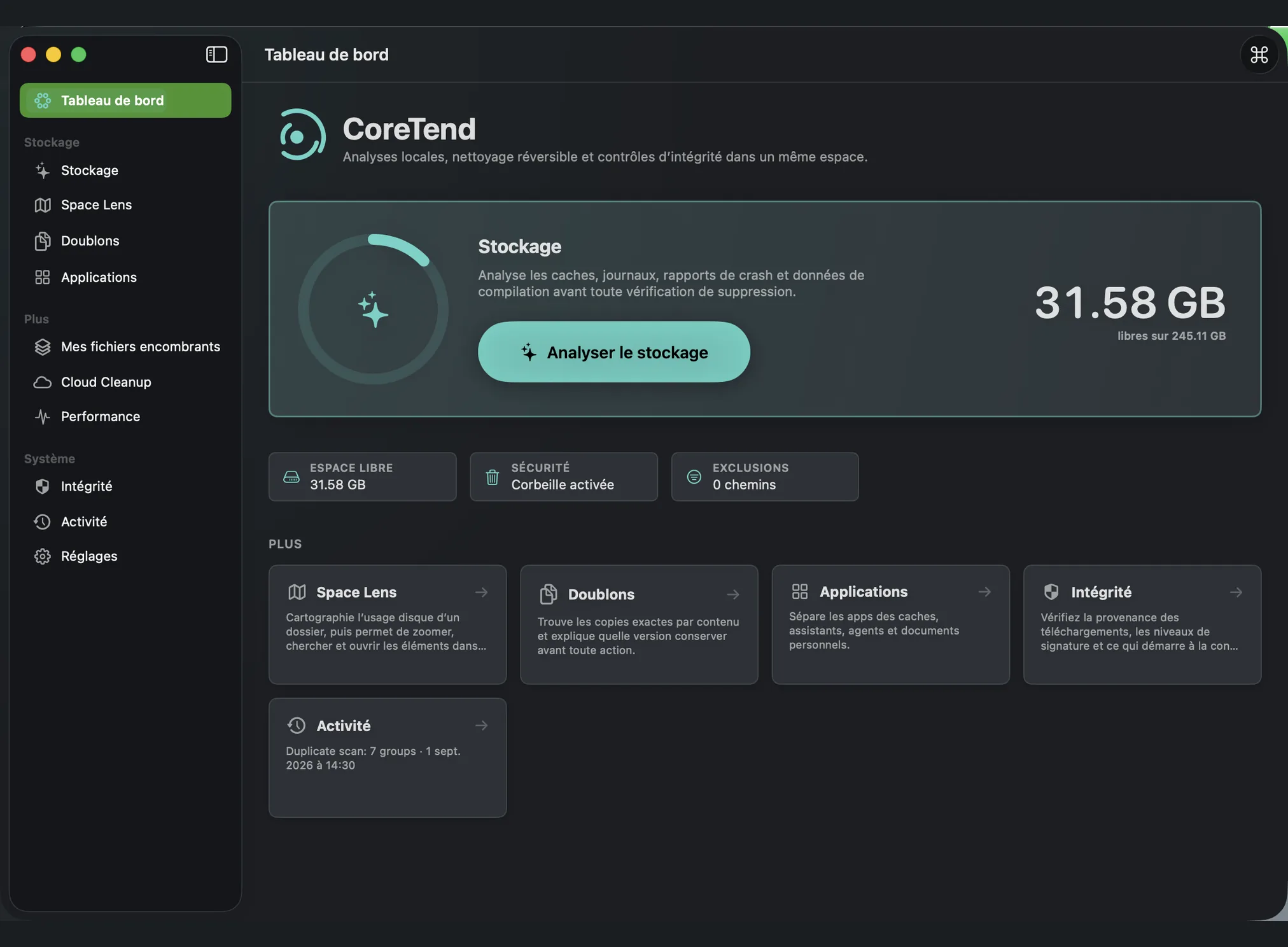 CoreTend dashboard — disk-usage ring, a large scan action and shortcuts into every workflow